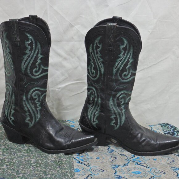 Ariat Tall Black Leather Cowboy Boots with Turquoise Embroidery - Picture 5 of 13